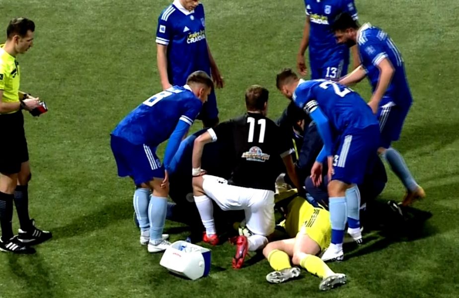 Imagini dramatice la Chiajna – FC U Craiova 0-0! Robert Popa, portarul Craiovei lui Mititelu, a fost umplut de sânge de un adversar