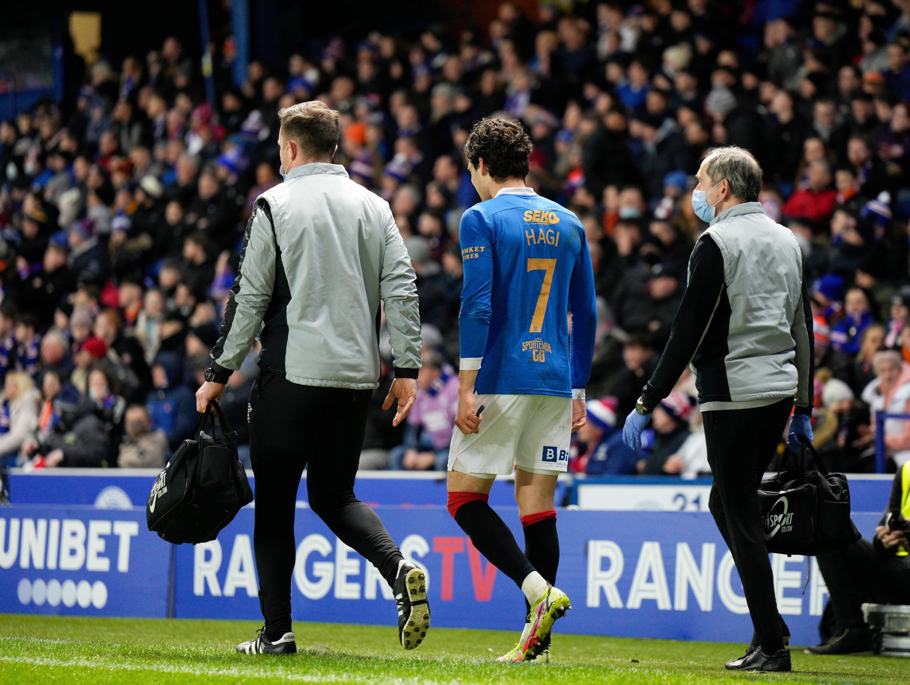 Ianis Hagi of Rangers injured and substituted for Alex Lowry of Rangers (debut).
Rangers v Stirling Albion, Scottish Cup, Football, Ibrox Stadium, Glasgow, Scotland, UK - 21 Jan 2022,Image: 655202990, License: Rights-managed, Restrictions: EDITORIAL USE ONLY No use with unauthorised audio, video, data, fixture lists, club/league logos or 