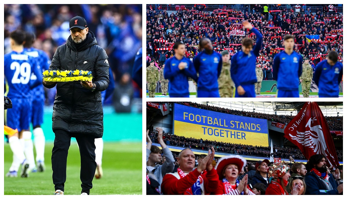 Momente emoționante înainte de Chelsea – Liverpool, finala Cupei Ligii Angliei! Imagini sfâșietoare pe Wembley, în semn de solidaritate pentru ucraineni. Soldații au îngenunchiat pe teren