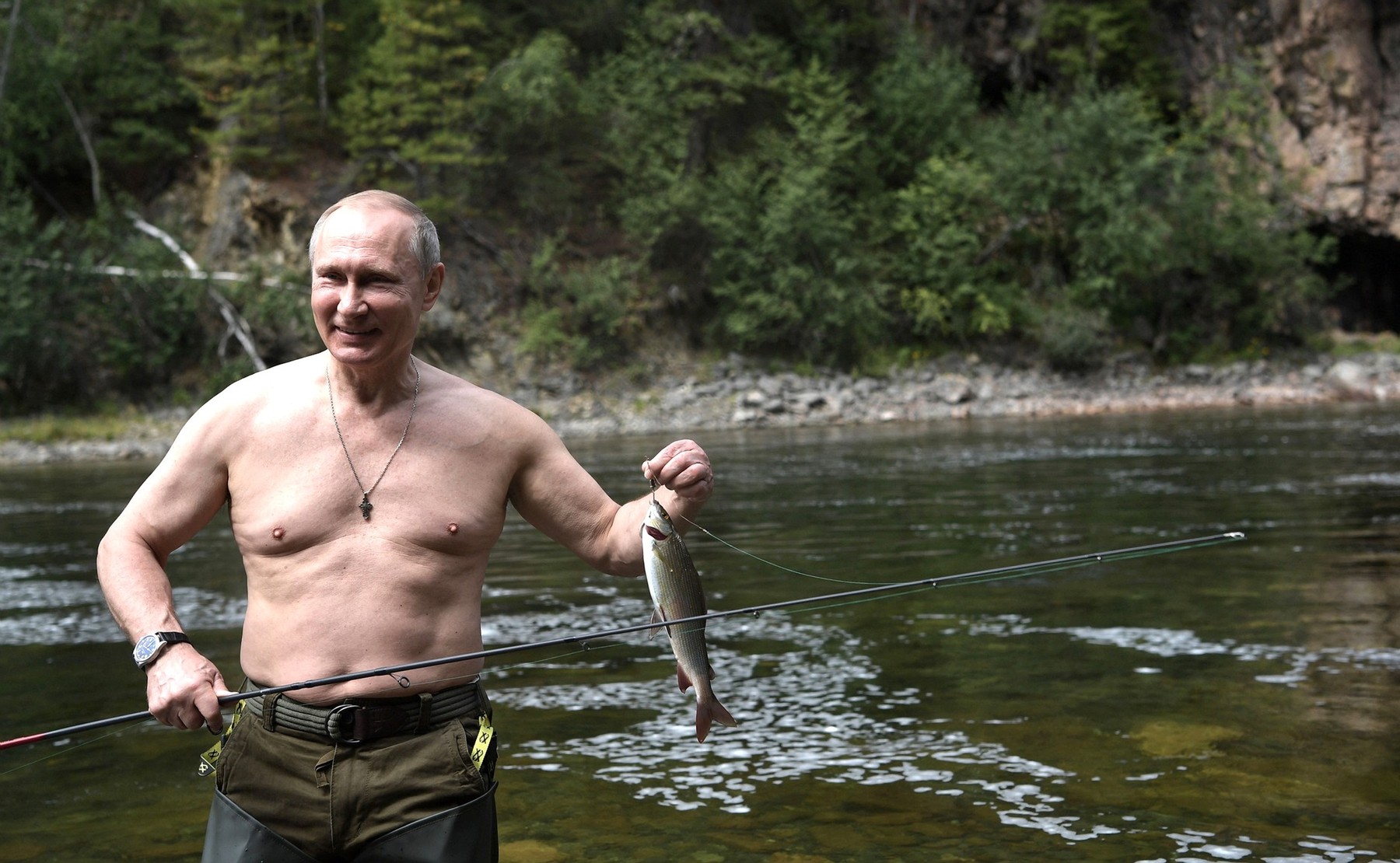 August 3, 2017 - Tyva, Tyva, Russia - Russian President Vladimir Putin holds a fish he caught fishing during a three-day fishing and hunting trip in the Siberian wilderness near the Mongolian border August 1-3, 2017 in the Tyva Republic, Russia.,Image: 344547068, License: Rights-managed, Restrictions: , Model Release: no, Credit line: Profimedia
