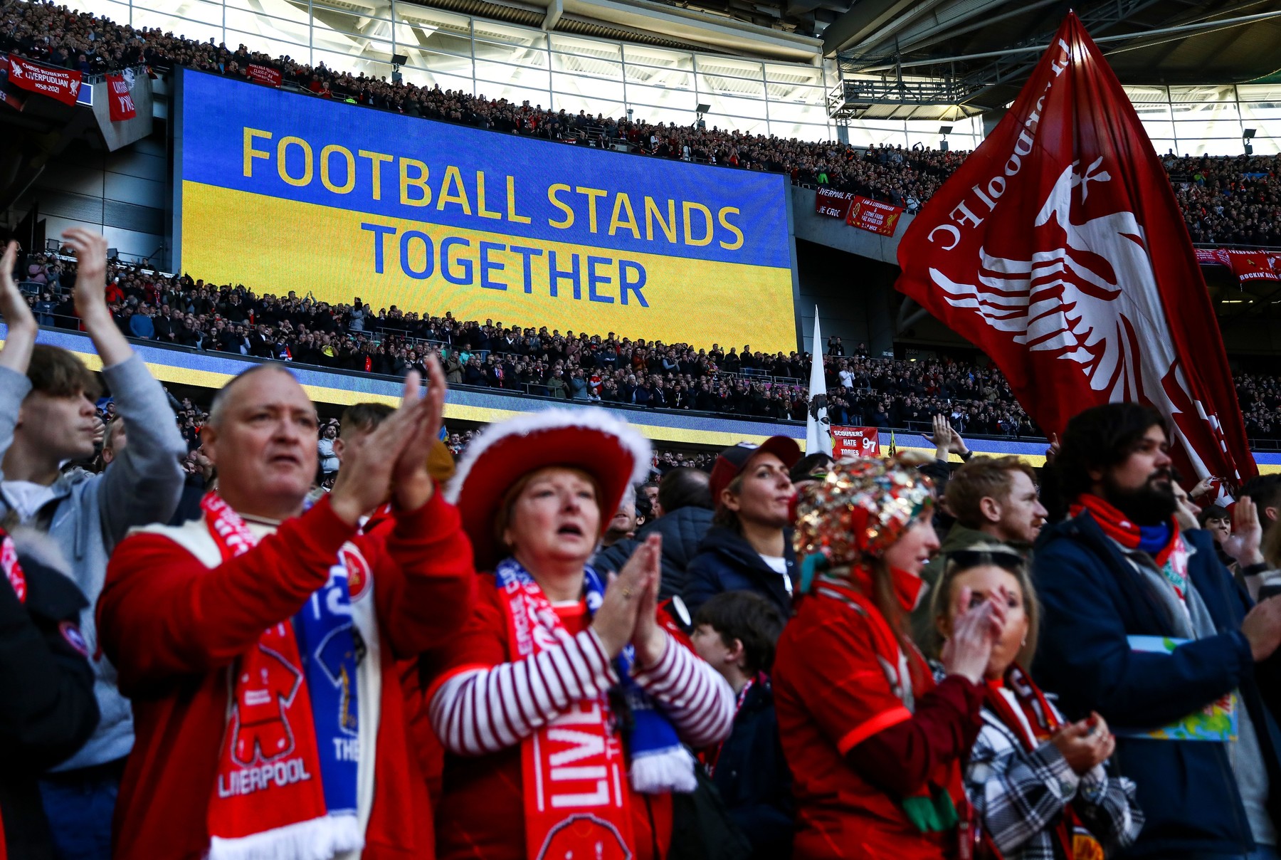 Large screen shows support for Ukraine above Liverpool fans
Chelsea v Liverpool, EFL Carabao Cup, Final, Football, Wembley Stadium, London, UK - 27 Feb 2022,Image: 665244390, License: Rights-managed, Restrictions: EDITORIAL USE ONLY No use with unauthorised audio, video, data, fixture lists, club/league logos or 