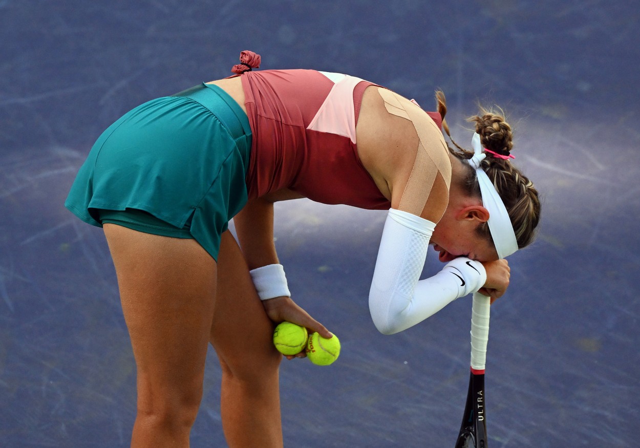 INDIAN WELLS, CA - MARCH 14: Victoria Azarenka of Russia crying on stadium one court during a tennis match against Elena Rybakina of Kazakhstan during a tennis match at the BNP Paribas Open played on March 14, 2022 at the Indian Wells Tennis Garden in Indian Wells, CA.,Image: 670880090, License: Rights-managed, Restrictions: FOR EDITORIAL USE ONLY. Icon Sportswire (A Division of XML Team Solutions) reserves the right to pursue unauthorized users of this image. If you violate our intellectual property you may be liable for: actual damages, loss of income, and profits you derive from the use of this image, and, where appropriate, the costs of collection and/or statutory damages up to $150,000 (USD)., Model Release: no, Credit line: Profimedia