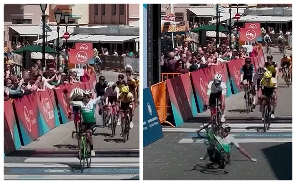 Gafa anului! Căzătură teribilă a unui ciclist în timp ce sărbătorea câştigarea unei curse. Nici măcar nu a fost primul!
