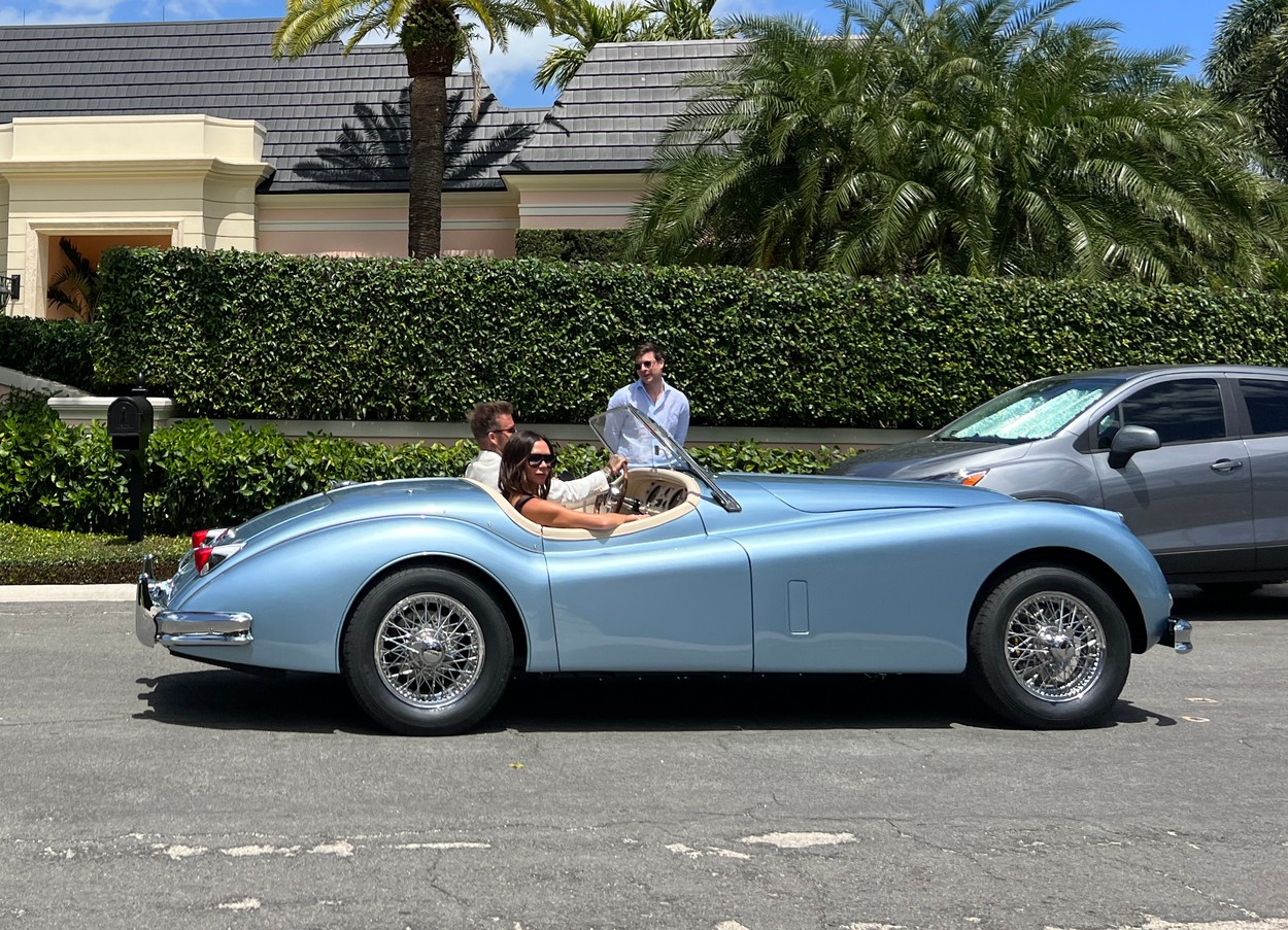 EXCLUSIVE: A very posh arrival! David and Victoria Beckham arrive for Sunday bunch in a classic car the morning after Brooklyn's wedding. 
The proud parents were greeted by Romeo , Cruz and Harper as they swept into to the Peltz familys stunning Florida pad in the fancy baby blue vehicle for day three of the star-studded wedding extravaganza.
The lavish brunch was being held at a huge marquee set up in sprawling tropical gardens out back of the residence, which was also the romantic setting for Friday eveningâ€™s rehearsal dinner. 
David and Victoriaâ€™s eldest son and actress Nicola tied the knot at her ultra wealthy familyâ€™s USD 76 million oceanfront estate.

Pictured: david beckham,victoria beckham,romeo,cruz,harper,Image: 681767080, License: Rights-managed, Restrictions: , Model Release: no, Pictured: david beckham,victoria beckham,romeo,cruz,harper, Credit line: Profimedia