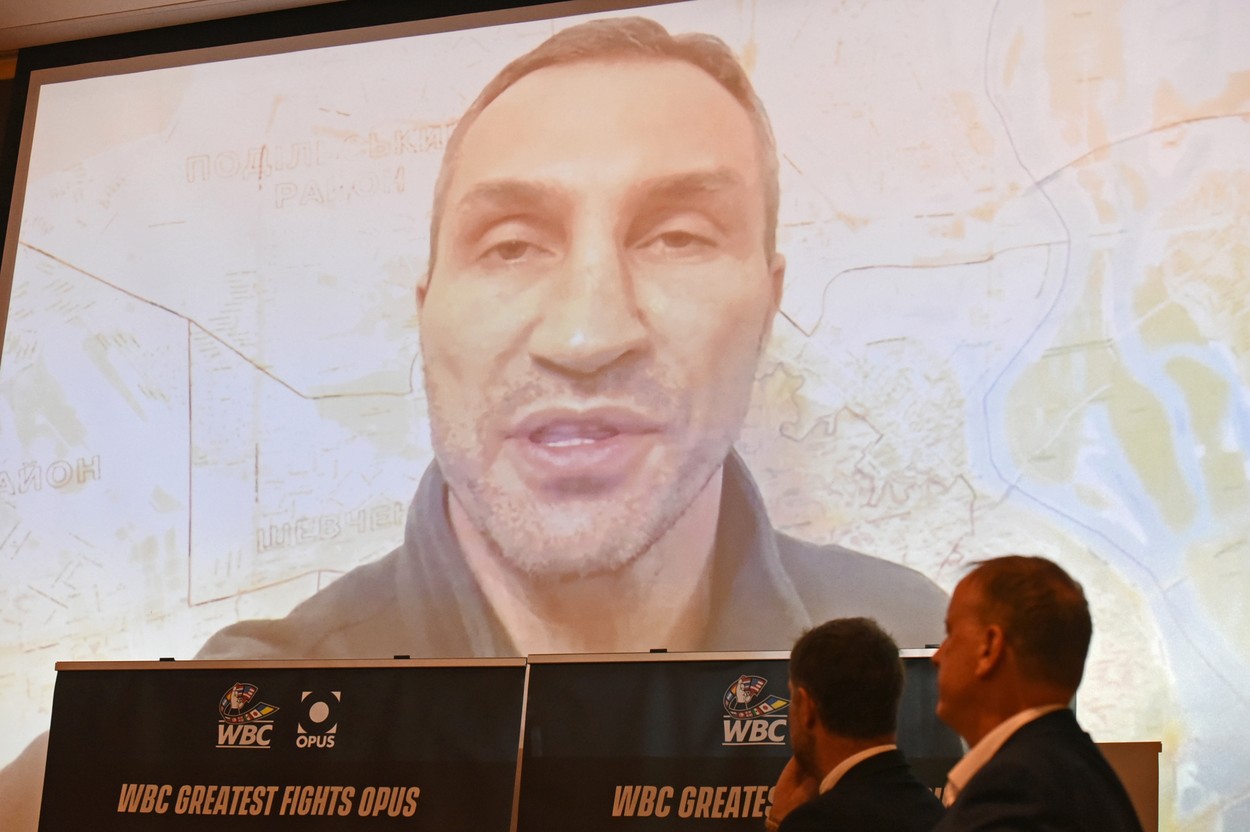 Wladimir Klitschko speaks via a recorded video link during the Opus Book of WBC Champions Launch at Hilton London Wembley on 20th April 2022
Opus Book Of WBC Champions Launch, Boxing, Hilton Wembley, London, UK - 20 Apr 2022,Image: 684648581, License: Rights-managed, Restrictions: , Model Release: no, Credit line: Profimedia
