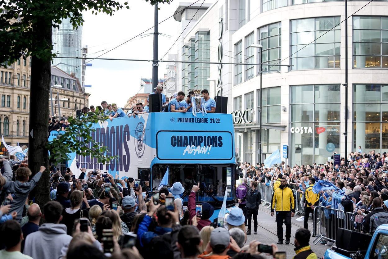 single club/league/player publications/services.

Manchester City hold an open top bus parade through Manchester to celebrate their Premier League Title win
Manchester City Champions Bus Parade, UK - 23 May 2022,Image: 693855857, License: Rights-managed, Restrictions: EDITORIAL USE ONLY No use with unauthorised audio, video, data, fixture lists (outside the EU), club/league logos or 