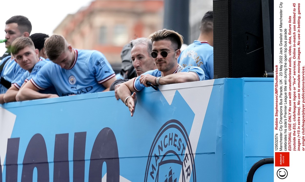 single club/league/player publications/services.

Jack Grealish of Manchester City celebrates his side's Premier League title win during the open top bus parade
Manchester City Champions Bus Parade, UK - 23 May 2022,Image: 693855881, License: Rights-managed, Restrictions: EDITORIAL USE ONLY No use with unauthorised audio, video, data, fixture lists (outside the EU), club/league logos or 