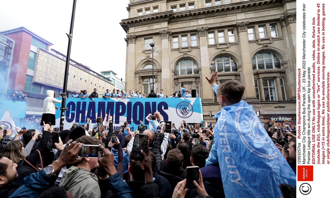 single club/league/player publications/services.

Manchester City celebrates their Premier League title win during the open top bus parade
Manchester City Champions Bus Parade, UK - 23 May 2022,Image: 693861695, License: Rights-managed, Restrictions: EDITORIAL USE ONLY No use with unauthorised audio, video, data, fixture lists (outside the EU), club/league logos or 