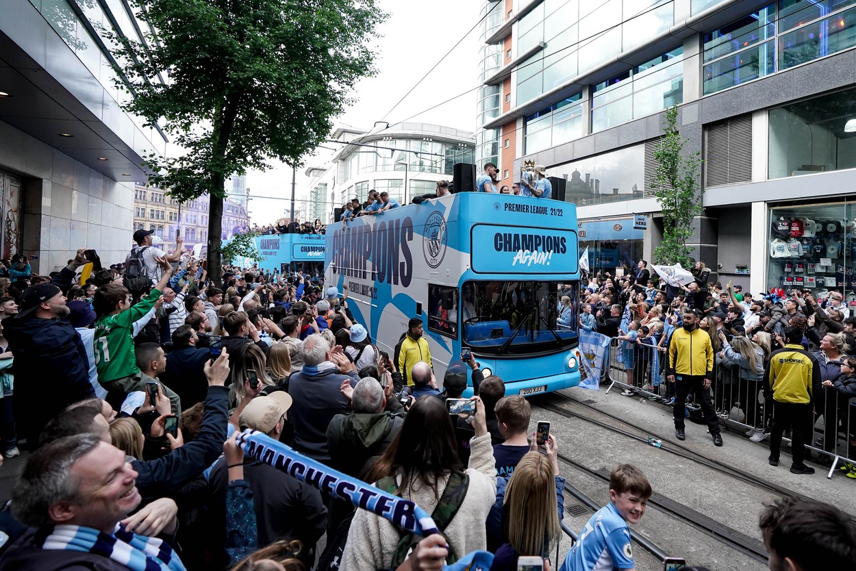 single club/league/player publications/services.

Manchester City celebrate their Premier League title win during the open top bus parade
Manchester City Champions Bus Parade, UK - 23 May 2022,Image: 693861722, License: Rights-managed, Restrictions: EDITORIAL USE ONLY No use with unauthorised audio, video, data, fixture lists (outside the EU), club/league logos or 