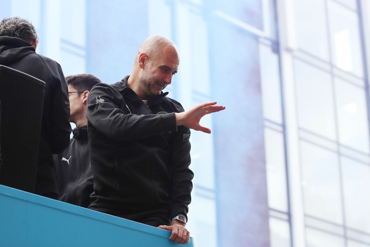Manchester City manager Josep Guardiola during the bus parade through Manchester City centre to celebrate winning thr Premier League
Manchester City Trophy Parade, Premier League, Football, Manchester, UK - 23 May 2022,Image: 693869836, License: Rights-managed, Restrictions: EDITORIAL USE ONLY No use with unauthorised audio, video, data, fixture lists, club/league logos or 