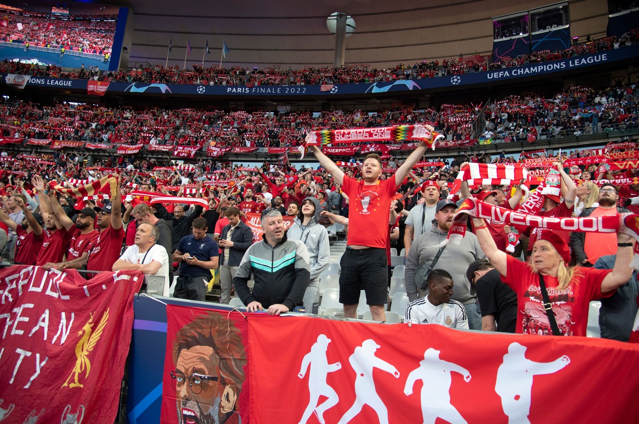 Fans Liverpool during the UEFA Champions League final match between Liverpool FC and Real Madrid at Stade de France on May 28, 2022 in Paris, France.
Liverpool FC v Real Madrid - UEFA Champions League Final 2021/22, Paris, France - 28 May 2022,Image: 695296924, License: Rights-managed, Restrictions: RESTRICTED TO EDITORIAL USE, Model Release: no, Credit line: Profimedia