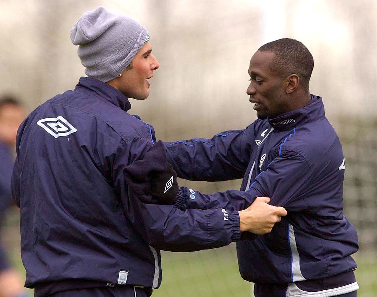 Adrian Mutu şi Claude Makelele, în timpul unui antrenament la Chelsea