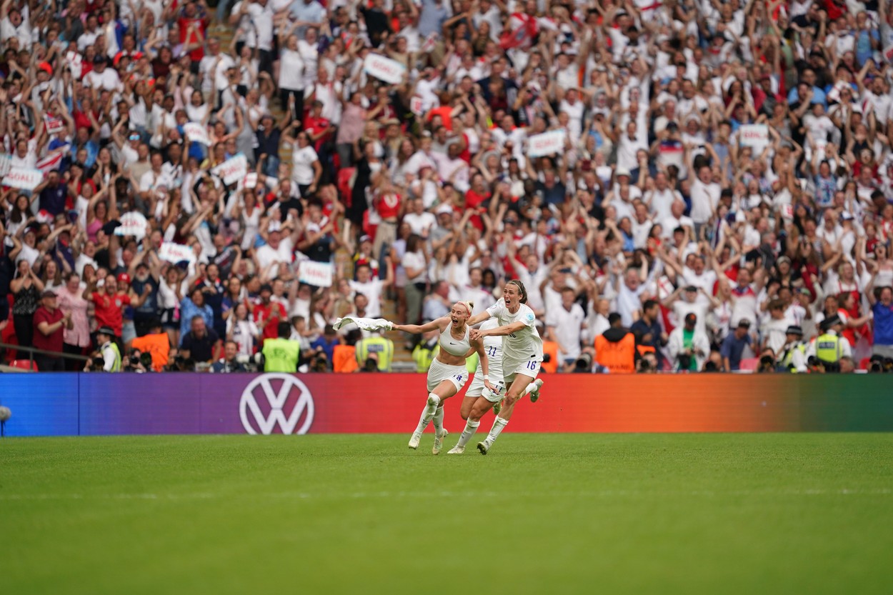 Chloe Kelly (18 England) celebrates the 2-1 goal during the UEFA Womens Euro 2022 Final football match between England and Germany at Wembley Stadium, England.  (Daniela Porcelli / SPP)
England v Germany - UEFA Womens Euro 2022 Final - Wembley Stadium - 31 Jul 2022,Image: 711028249, License: Rights-managed, Restrictions: , Model Release: no, Credit line: Profimedia