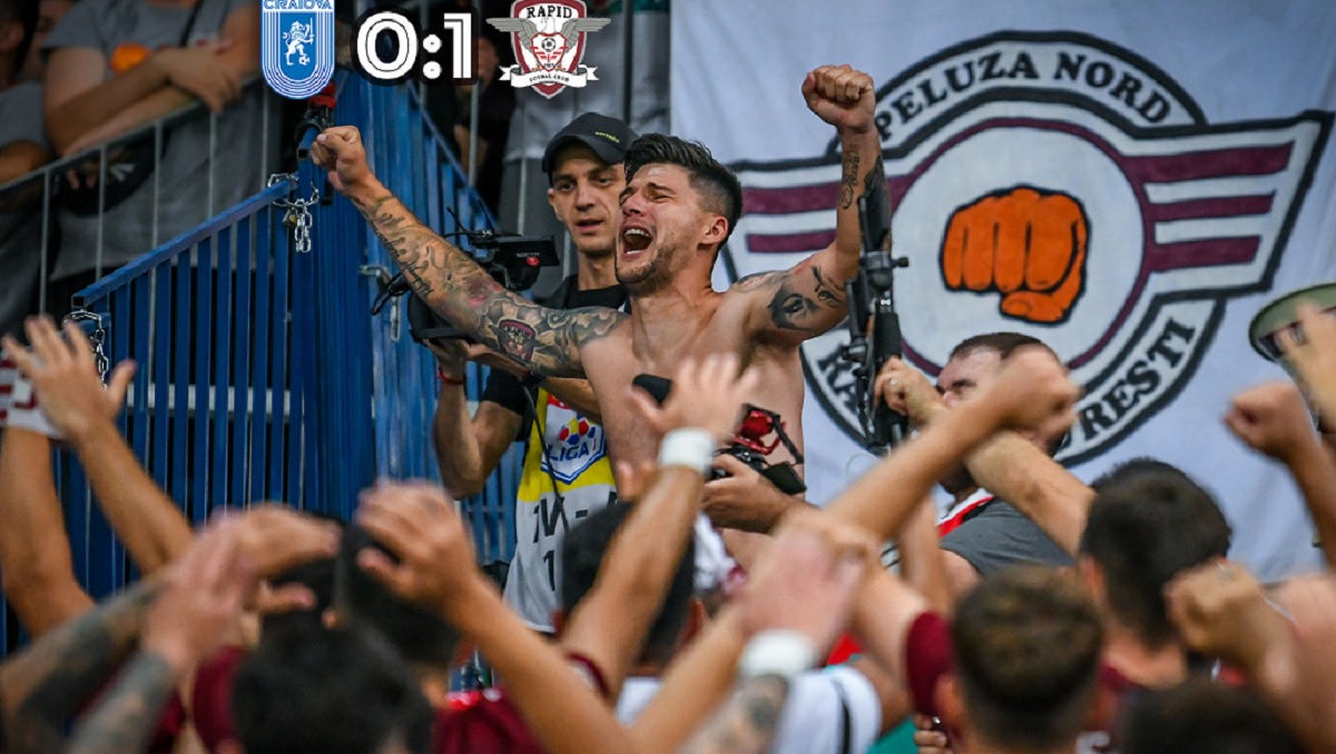Bucurie de nedescris a jucătorilor lui Adi Mutu, în Bănie, după Universitatea Craiova – Rapid 0-1. Nebunie şi în tribuna oficială!