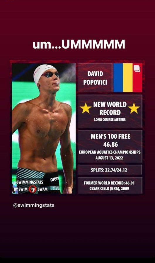 Reacția iubitei lui David Popovici, după ce românul a doborât recordul mondial la 100 m liber