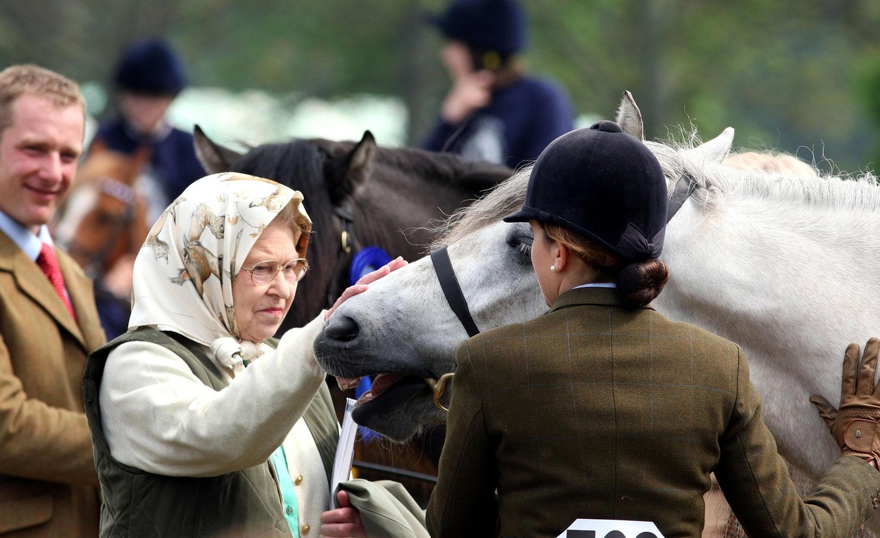 File photo dated 9/5/2008 of Queen Elizabeth II stroking a horse at the Royal Horse Show in Windsor, Berkshire. Horses, like dogs, were the Queen's lifelong love and she had an incredible knowledge of breeding and bloodlines. Whether it was racing thoroughbreds or ponies, she showed an unfailing interest. Issue date: Thursday September 8, 2022.,Image: 657658517, License: Rights-managed, Restrictions: File photo, Model Release: no