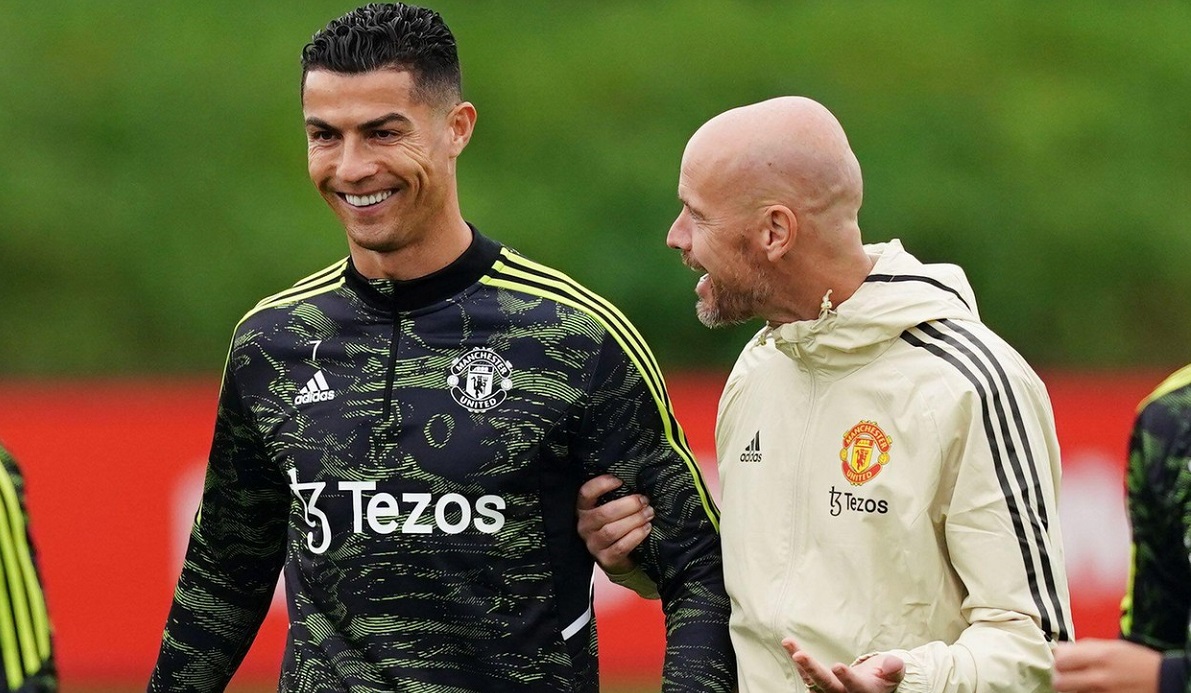 Cristiano Ronaldo și Erik ten Hag, la antrenamentul lui Manchester United