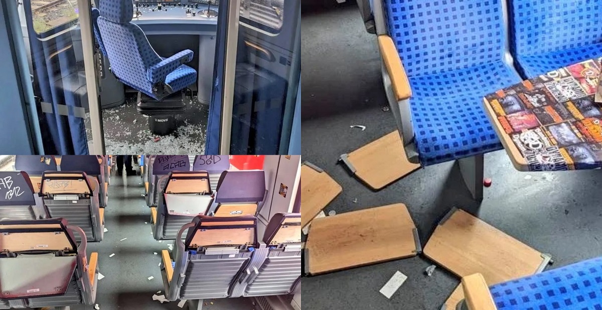 Un grup de fani ai lui Dynamo Dresda a făcut prăpăd în două trenuri! Imagini șocante cu vagoanele complet distruse