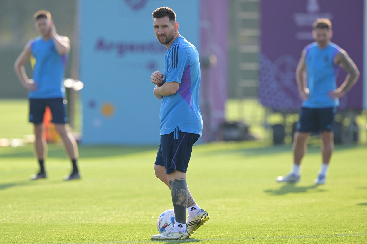 Argentina's forward Lionel Messi takes part in a training session at the Qatar University Training Site in Doha, on November 21, 2022, on the eve of the Qatar 2022 World Cup football match between Argentina and Saudi Arabia.,Image: 739112049, License: Rights-managed, Restrictions: , Model Release: no
