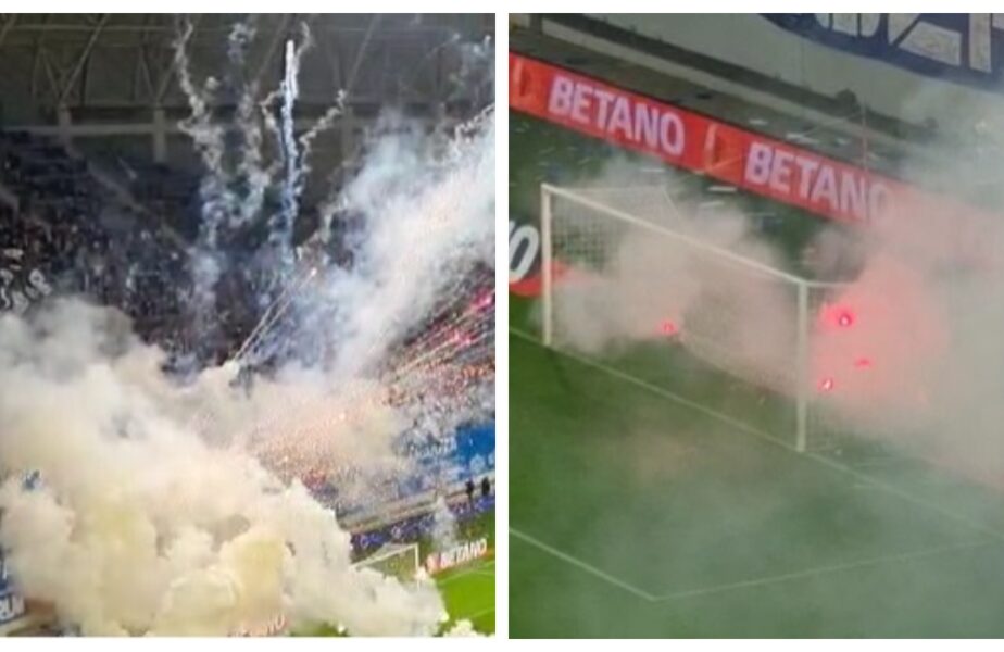 Incidente la Universitatea Craiova – FC U Craiova! Arbitrul a trimis echipele la vestiare, după ce fanii au dat cu torţe, petarde şi artificii. Meciul, întrerupt de trei ori