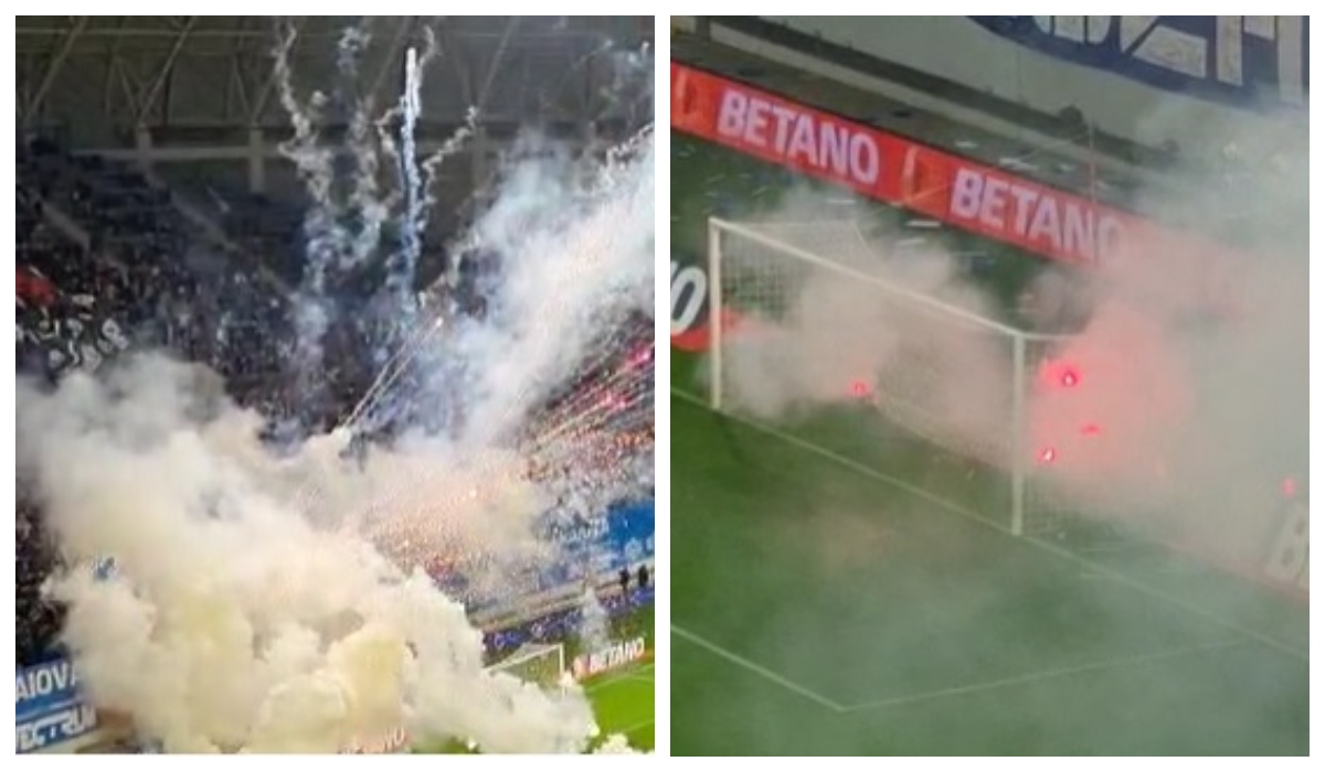 Incidente la Universitatea Craiova – FC U Craiova! Arbitrul a trimis echipele la vestiare, după ce fanii au dat cu torţe, petarde şi artificii. Meciul, întrerupt de trei ori