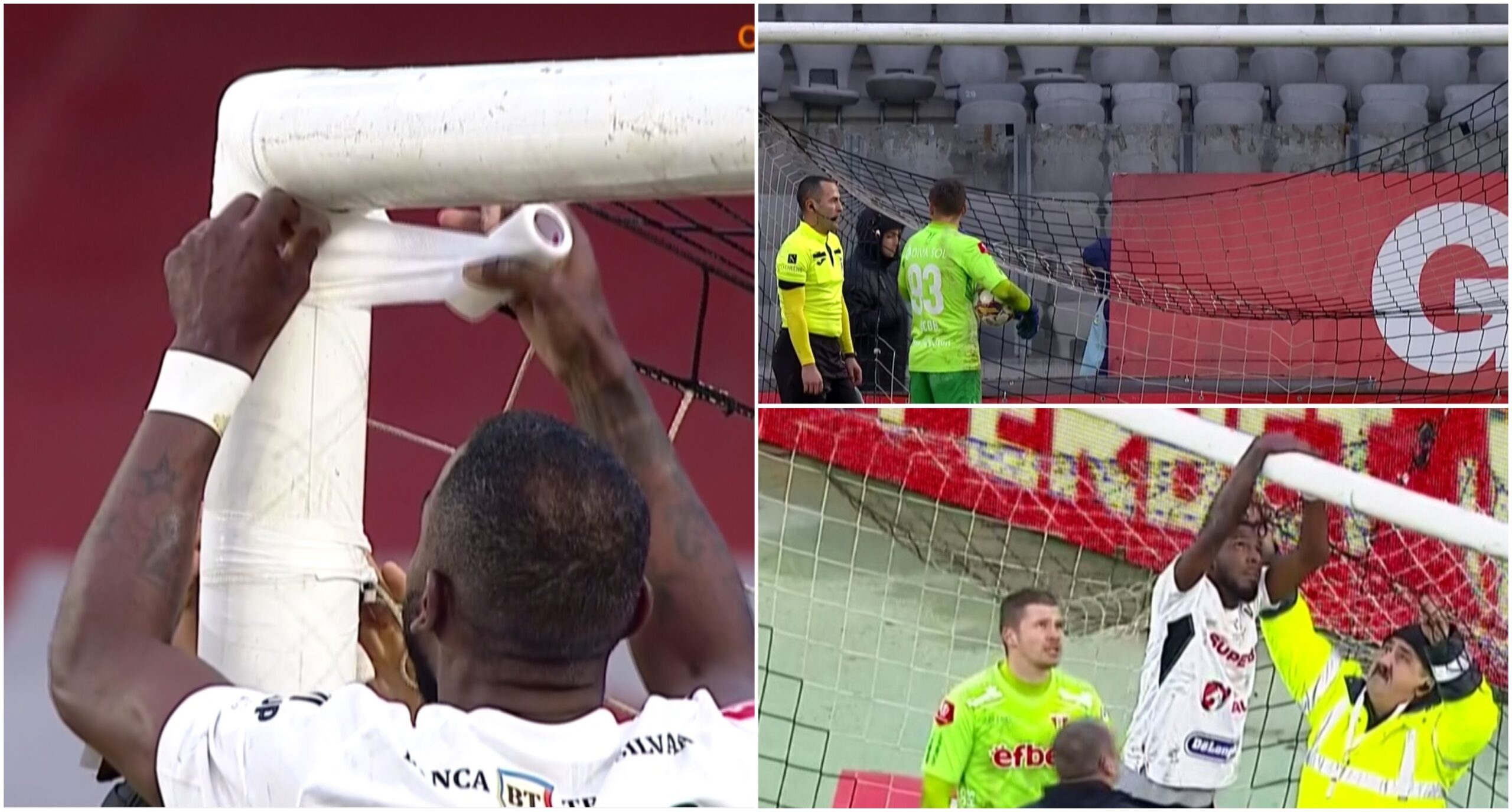 Fază de cascadorii râsului în Liga 1! Plasa porții s-a rupt în timpul meciului U Cluj – UTA. Un jucător a lipit-o cu bandă izolatoare