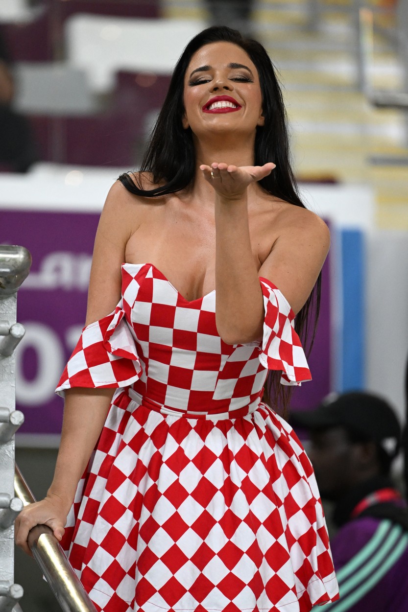 Croatian influencer and football supporter Ivana Knoll  blows a kiss on the stands ahead of the Qatar 2022 World Cup Group F football match between Croatia and Canada at the Khalifa International Stadium in Doha on November 27, 2022.,Image: 740505627, License: Rights-managed, Restrictions: , Model Release: no