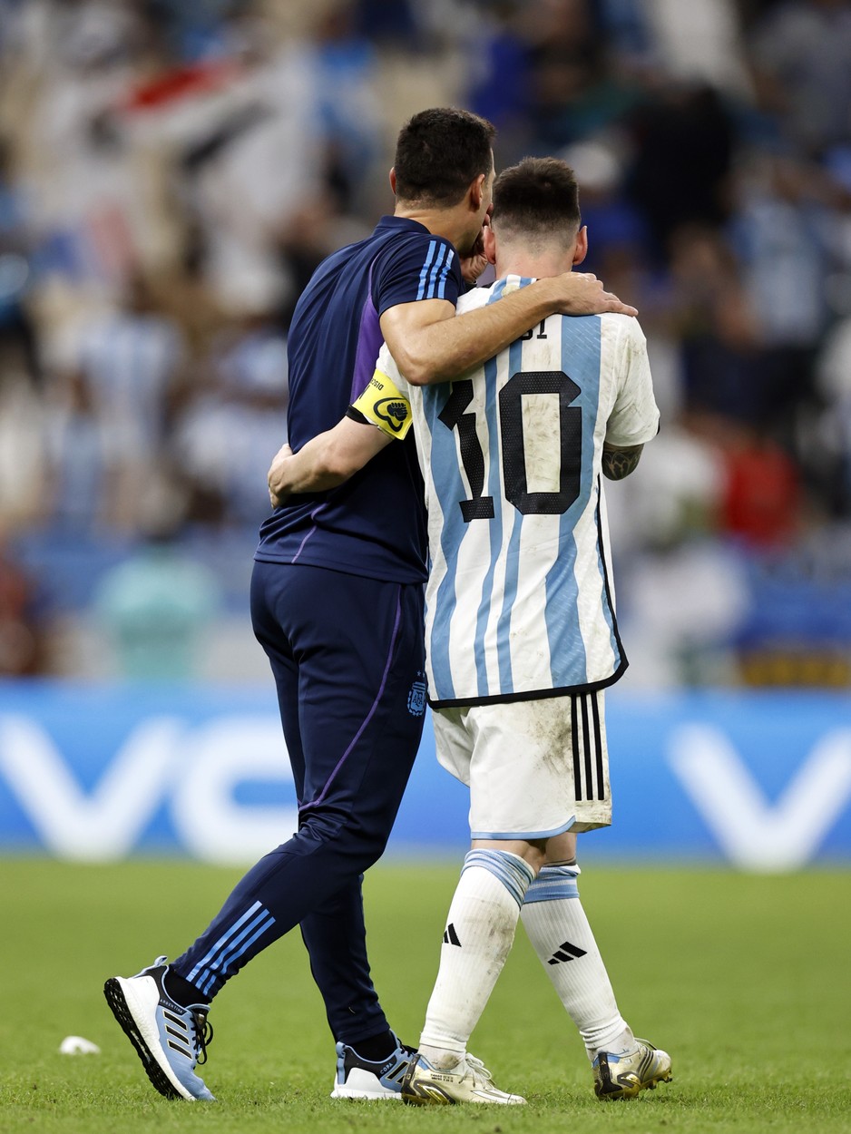 Argentina coach Lionel Scaloni, Lionel Messi of Argentina celebrate victory after the FIFA World Cup Qatar 2022 quarterfinal match between the Netherlands and Argentina at the Lusail Stadium on December 9, 2022 in Al Daayen, Qatar. ANP MAURICE VAN STONE
Netherlands v Argentina, Al Daayen, Qatar - 09 Dec 2022,Image: 743636708, License: Rights-managed, Restrictions: netherlands out - belgium out, Model Release: no