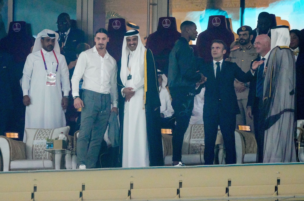 Zlatan Ibrahimovic with The Emir, Sheik Tamim bin Hamad Al Thani, as Paul Pogba speaks with President of France Emmanuel Macron and FIFA President Gianni Infantino
Argentina v France, FIFA World Cup 2022, Final, Football, Lusail Stadium, Al Daayen, Qatar - 18 Dec 2022,Image: 745362684, License: Rights-managed, Restrictions: Editorial Use Only, Model Release: no