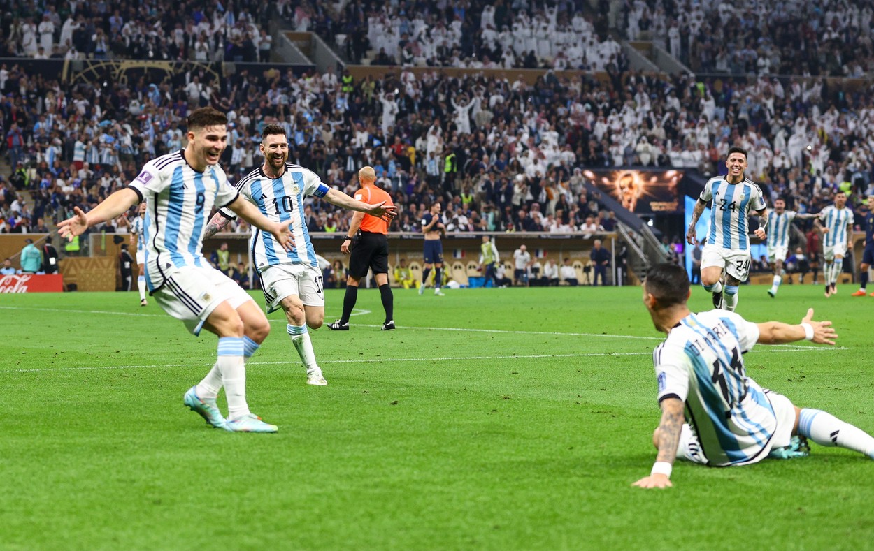 Lionel Messi of Argentina celebrates with Angel Di Maria of Argentina following his goal 2-0
Argentina v France, FIFA World Cup 2022, Final, Football, Lusail Stadium, Al Daayen, Qatar - 18 Dec 2022,Image: 745374816, License: Rights-managed, Restrictions: Editorial Use Only, Model Release: no