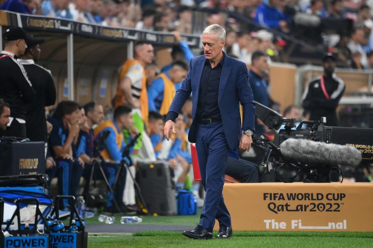 France's coach Didier Deschamps gestures on the touchline during the Qatar 2022 World Cup football final match between Argentina and France at Lusail Stadium in Lusail, north of Doha on December 18, 2022.,Image: 745376790, License: Rights-managed, Restrictions: , Model Release: no