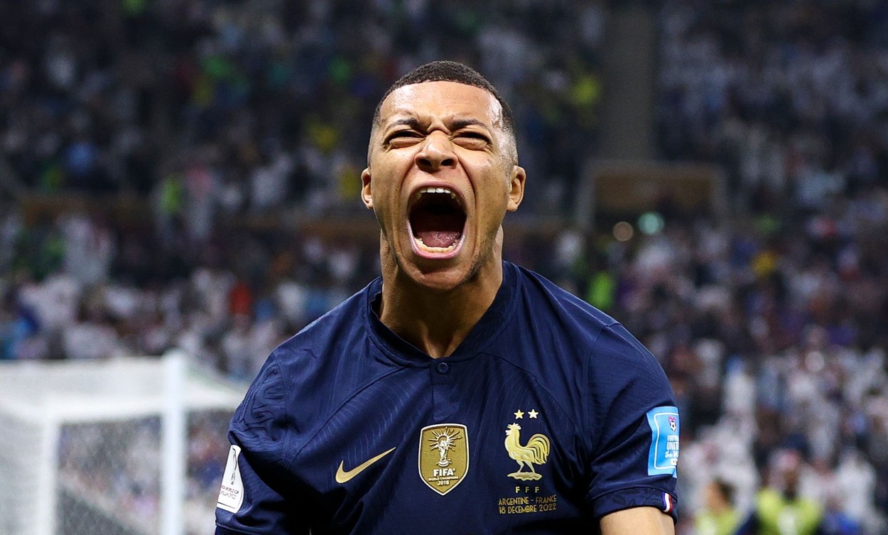 Kylian Mbappe of France scores and celebrates 2-2
Argentina v France, FIFA World Cup 2022, Final, Football, Lusail Stadium, Al Daayen, Qatar - 18 Dec 2022,Image: 745386092, License: Rights-managed, Restrictions: Editorial Use Only, Model Release: no