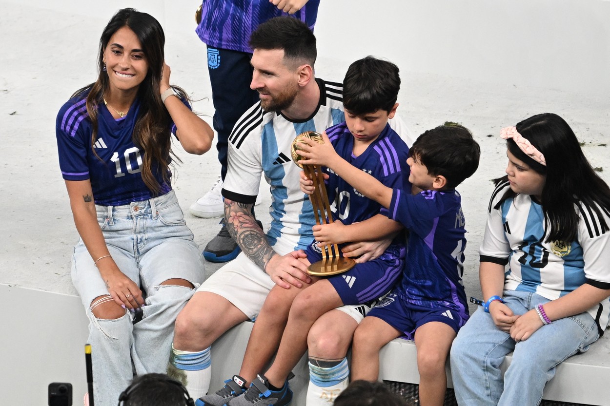 LUSAIL CITY, QATAR - DECEMBER 18: Lionel Messi of Argentina celebrate their victory with his wife Antonella Roccuzzo (L) and children at the end of the FIFA World Cup 2022 Final Match between Argentina and France at Lusail Stadium in Lusail City, Qatar on December 18, 2022. Argentina beat France after penalty shoot-out to win FIFA World Cup. Ercin Erturk / Anadolu Agency/ABACAPRESS.COM,Image: 745406807, License: Rights-managed, Restrictions: , Model Release: no