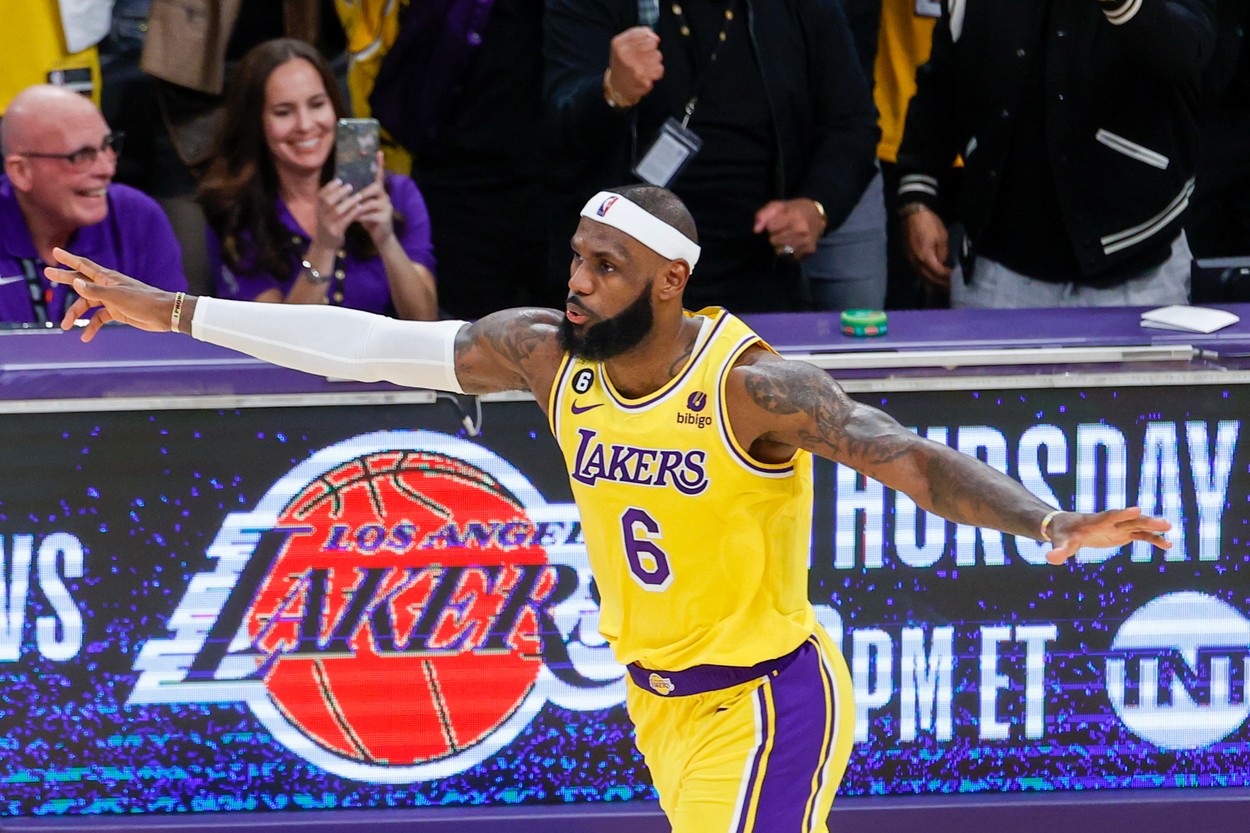 February 7, 2023, Los Angeles, California, USA: Los Angeles Lakers forward LeBron James (6) celebrates after scoring to pass Kareem Abdul-Jabbar to become the NBA's all-time leading scorer during an NBA basketball game against the Oklahoma City Thunder, Tuesday February 7, 2023, in Los Angeles.,Image: 754753763, License: Rights-managed, Restrictions: , Model Release: no
