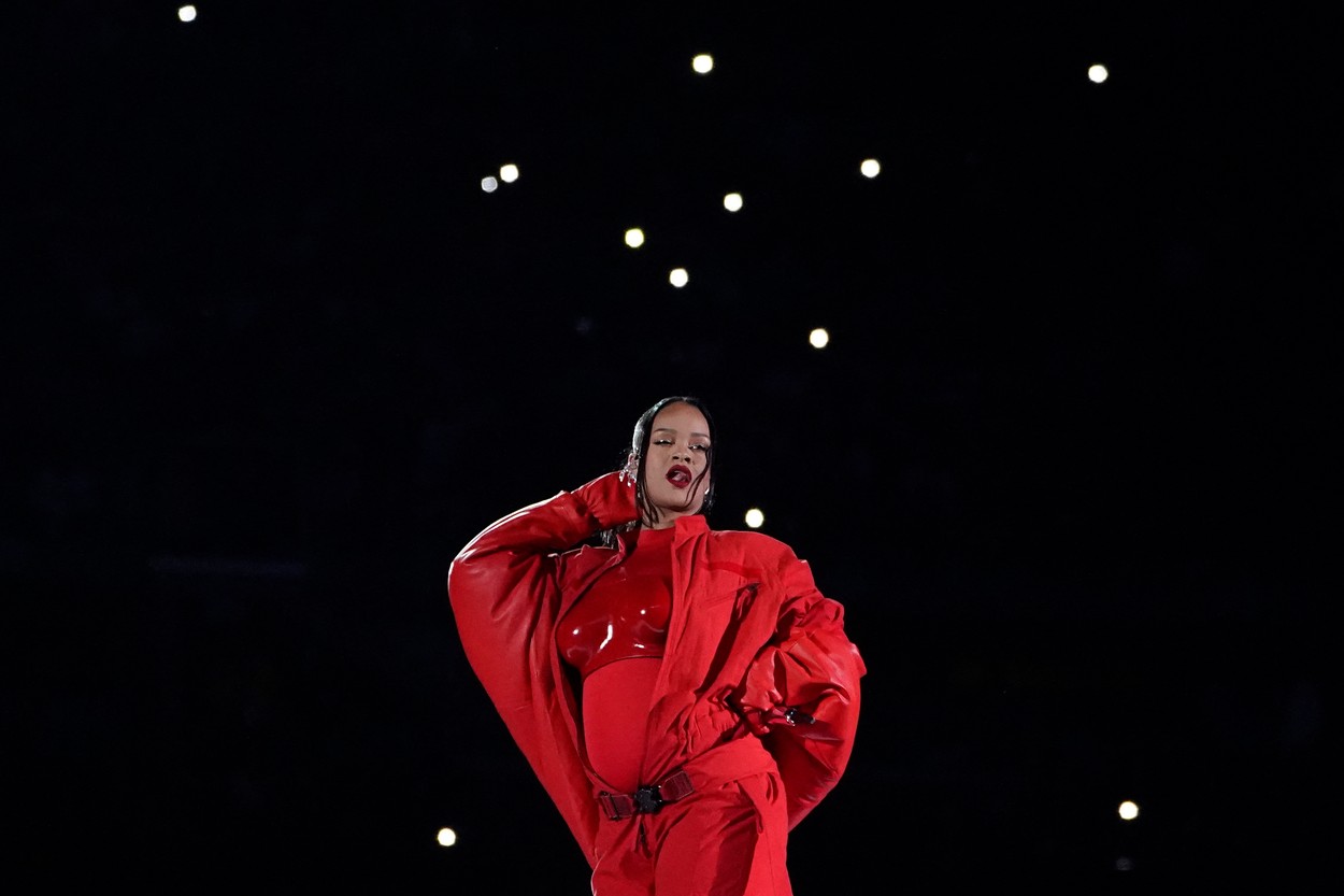 Barbadian singer Rihanna performs during the halftime show of Super Bowl LVII between the Kansas City Chiefs and the Philadelphia Eagles at State Farm Stadium in Glendale, Arizona, on February 12, 2023.,Image: 755622438, License: Rights-managed, Restrictions: , Model Release: no