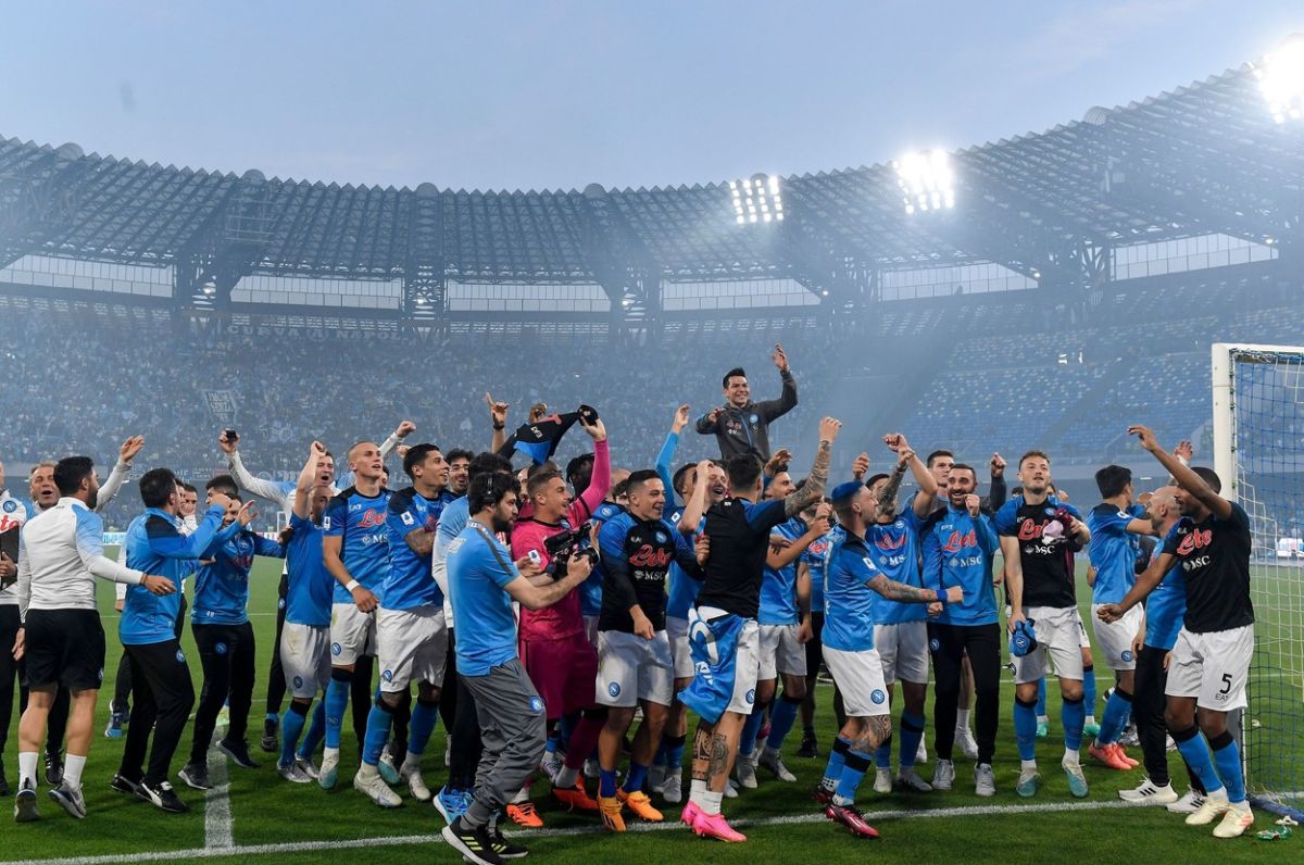 Napoli players celebrate the victory of the italian championship at the end of the Serie A football match between SSC Napoli and ACF Fiorentina at Diego Armando Maradona stadium in Naples (Italy), May 7th, 2023.
SSC Napoli v ACF Fiorentina, Serie A, Football, Diego Armando Maradona stadium, Naples, Italy - 07 May 2023,Image: 774465233, License: Rights-managed, Restrictions: , Model Release: no