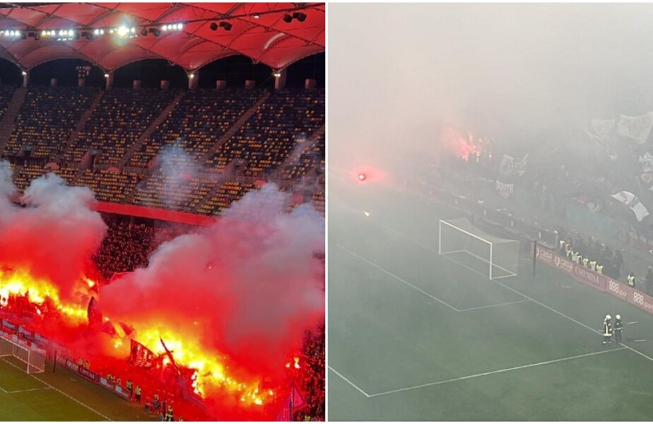 S-a „aprins” Arena Naţională, la derby-ul Dinamo – CSA Steaua! Meciul a fost întrerupt, după ce fanii roş-albaştrilor au aruncat cu torţe