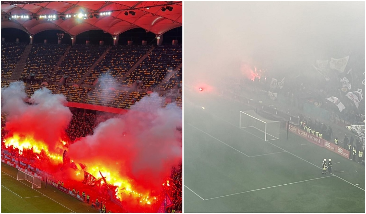 S-a „aprins” Arena Naţională, la derby-ul Dinamo – CSA Steaua! Meciul a fost întrerupt, după ce fanii roş-albaştrilor au aruncat cu torţe
