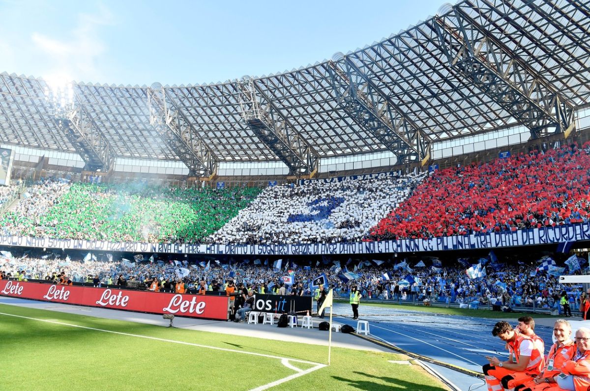 Napoli supporters show a coreography with the italian flag colours during the Serie A football match between SSC Napoli and ACF Fiorentina at Diego Armando Maradona stadium in Naples (Italy), May 7th, 2023.
SSC Napoli v ACF Fiorentina, Serie A, Football, Diego Armando Maradona stadium, Naples, Italy - 07 May 2023,Image: 774465182, License: Rights-managed, Restrictions: , Model Release: no