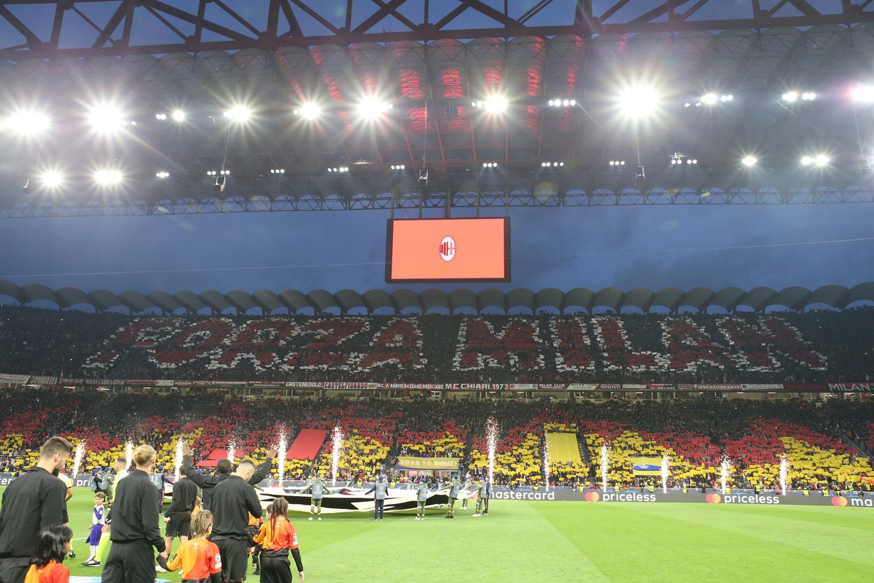 May 10, 2023, Milan, Italy: Ac Milan fans choreography during the Uefa Champions League semi-final, first leg, football match between Ac Milan and Fc Internazionale on 10 May 2023 at Giuseppe Meazza Stadium, San Siro, Milan, Italy. Photo Nderim Kaceli.,Image: 774968137, License: Rights-managed, Restrictions: * Italy Rights Out *, Model Release: no