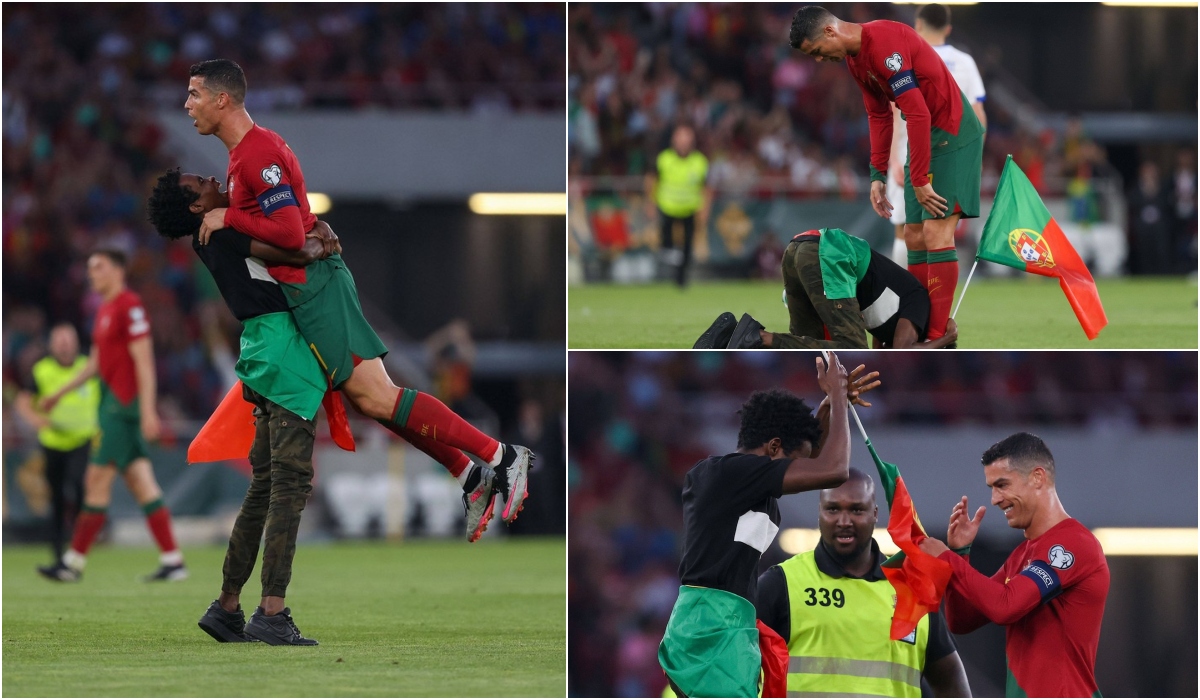 Un fan a intrat pe teren la Portugalia – Bosnia şi s-a dus „glonţ la Cristiano Ronaldo. Imagini fabuloase!