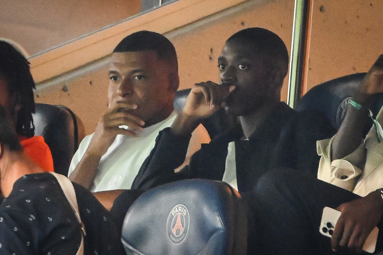 August 12, 2023, Paris, France, France: Kylian MBAPPE of PSG and Ousmane DEMBELE of PSG during the Ligue 1 match between Paris Saint-Germain (PSG) and FC Lorient at Parc des Princes Stadium on August 12, 2023 in Paris, France.,Image: 796587818, License: Rights-managed, Restrictions: , Model Release: no