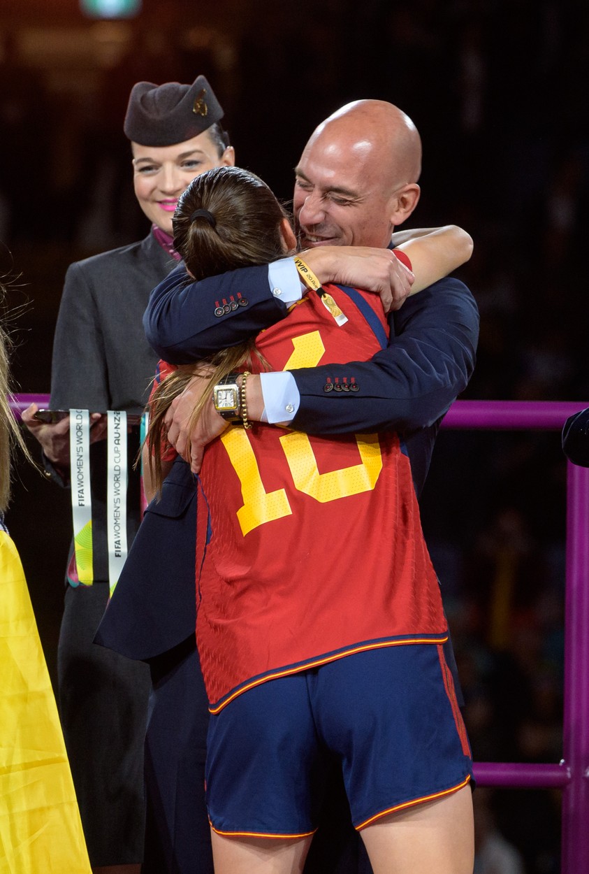 August 20, 2023, Hong Kong, New South Wales, Australia: Hong Kong,Australia:20 August,2023. FIFA Womens Football World Cup 2023 Final. Spain beat England to become World Champions..Maria PEREZ is hugged and kissed by Spanish FA President Luis Rubiales. He has now been suspended over his kissing of Jenny Hermoso..Photo by Jayne Russell,Image: 800303468, License: Rights-managed, Restrictions: , Model Release: no