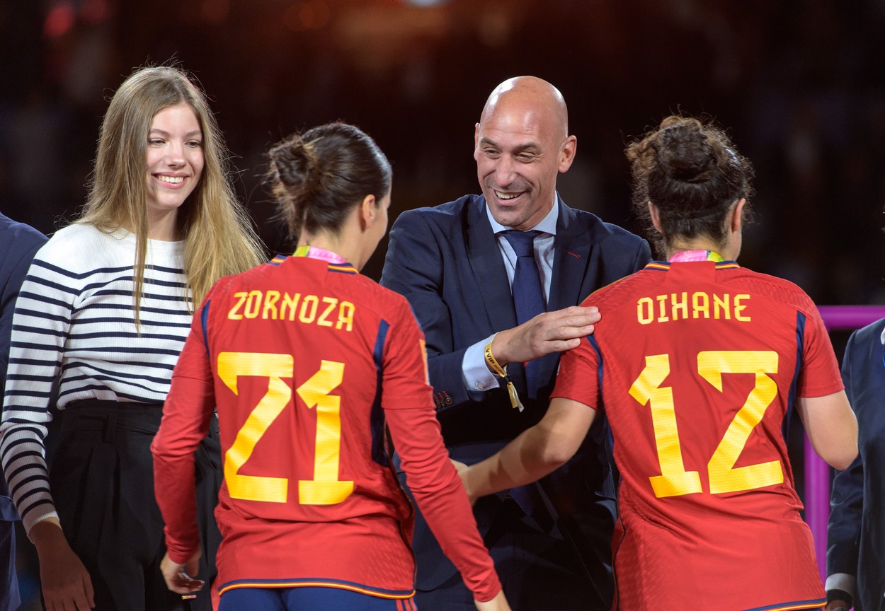 August 20, 2023, Hong Kong, New South Wales, Australia: Hong Kong,Australia:20 August,2023. FIFA Womens Football World Cup 2023 Final. Spain beat England to become World Champions..Oihane HERNANDEZ is hugged and kissed by Spanish FA President Luis Rubiales. He has now been suspended over his kissing of Jenny Hermoso. Infanta Sofia of Spain, daughter of Queen Letizia of Spain (L) hugs Claudia ZORNOZA.Photo by Jayne Russell,Image: 800303480, License: Rights-managed, Restrictions: , Model Release: no