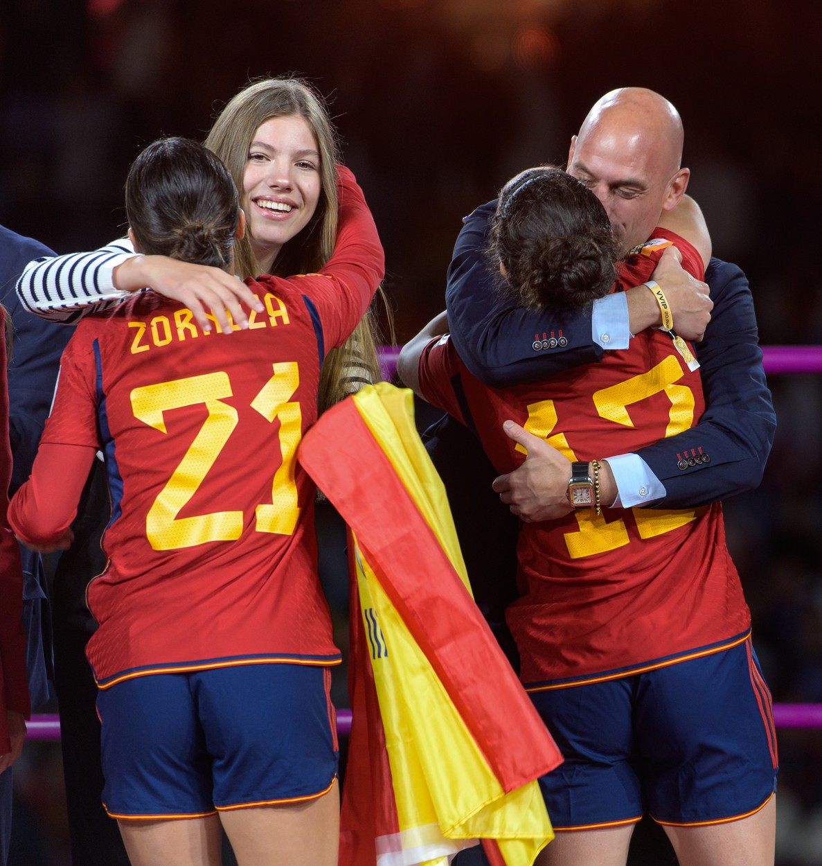 August 20, 2023, Hong Kong, New South Wales, Australia: Hong Kong,Australia:20 August,2023. FIFA Womens Football World Cup 2023 Final. Spain beat England to become World Champions..Oihane HERNANDEZ is hugged and kissed by Spanish FA President Luis Rubiales. He has now been suspended over his kissing of Jenny Hermoso. Infanta Sofia of Spain, daughter of Queen Letizia of Spain (L) hugs Claudia ZORNOZA.Photo by Jayne Russell,Image: 800303491, License: Rights-managed, Restrictions: , Model Release: no