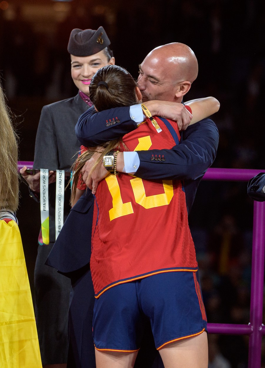 August 20, 2023, Hong Kong, New South Wales, Australia: Hong Kong,Australia:20 August,2023. FIFA Womens Football World Cup 2023 Final. Spain beat England to become World Champions..Maria PEREZ is hugged and kissed by Spanish FA President Luis Rubiales. He has now been suspended over his kissing of Jenny Hermoso..Photo by Jayne Russell,Image: 800303519, License: Rights-managed, Restrictions: , Model Release: no