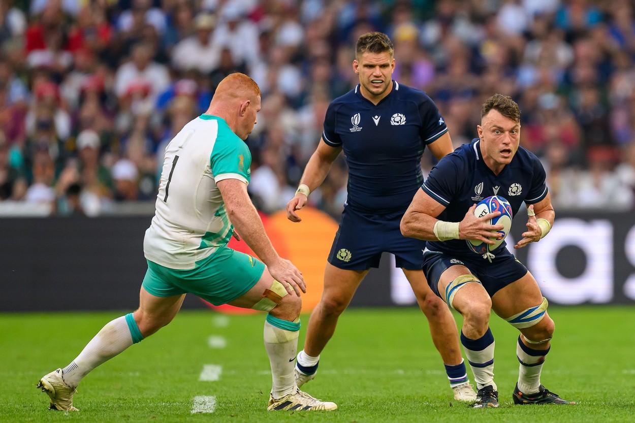 Jack Dempsey of Scotland runs at Steven Kitshoff of South Africa during the Rugby World Cup 2023 match between South Africa and Scotland at Stade Velodrome, Marseille
South Africa v Scotland, Rugby World Cup 2023., Pool B - 10 Sep 2023,Image: 804391433, License: Rights-managed, Restrictions: , Model Release: no