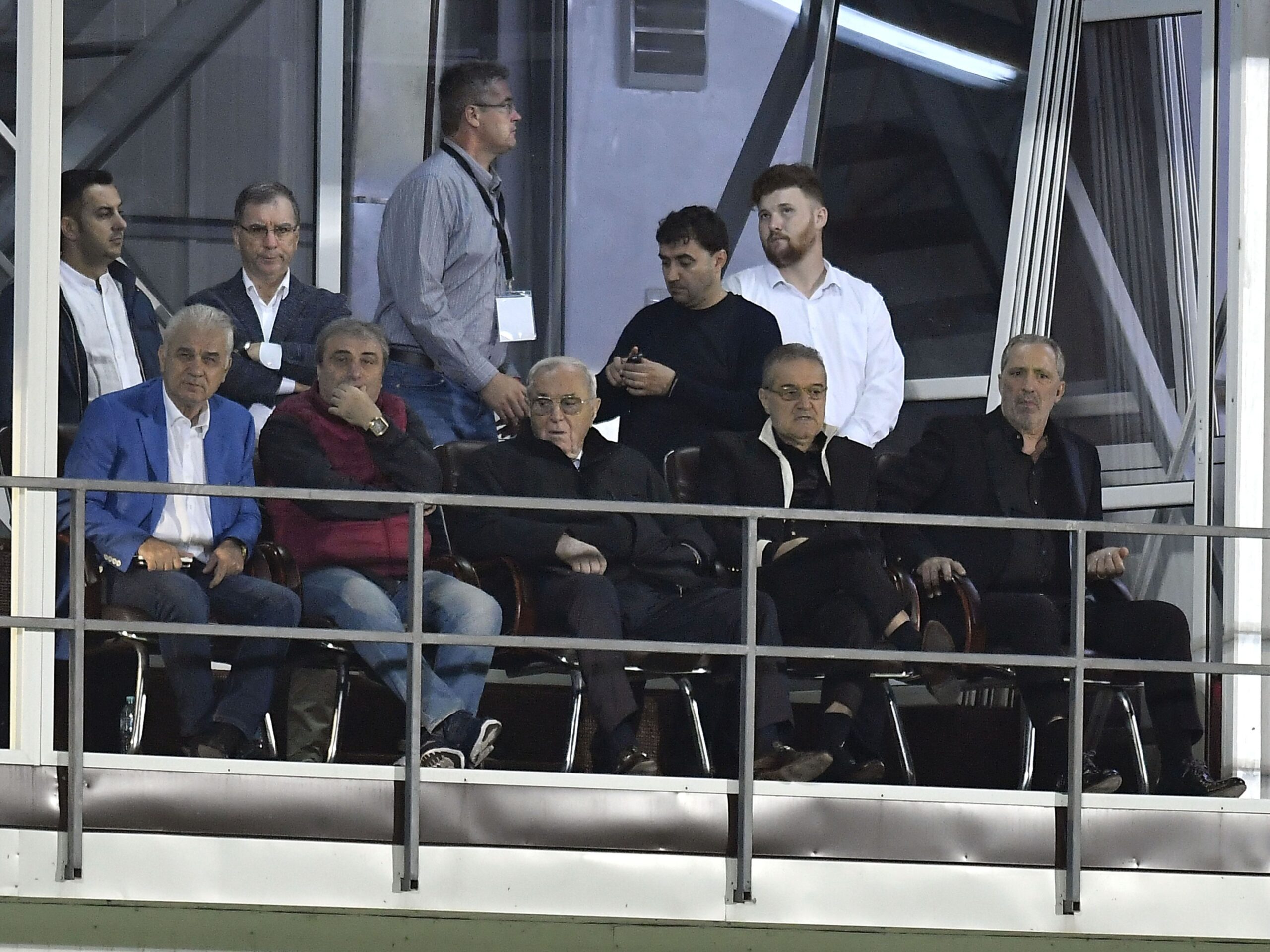 Valeriu Argaseala,Anghel Iordanescu,Mihai Stoichita,Ionel Lutu,Viorel Paunescu,Gigi Becali si Tea Sponte in tribuna la meciul de fotbal dintre FCSB si Dunarea Calarasi, contand pentru Liga 1 Betano, desfasurat pe Stadionul Anghel Iordanescu din Voluntari, duminica 23 septembrie 2018. © FOTO Razvan Pasarica/SPORT PICTURES