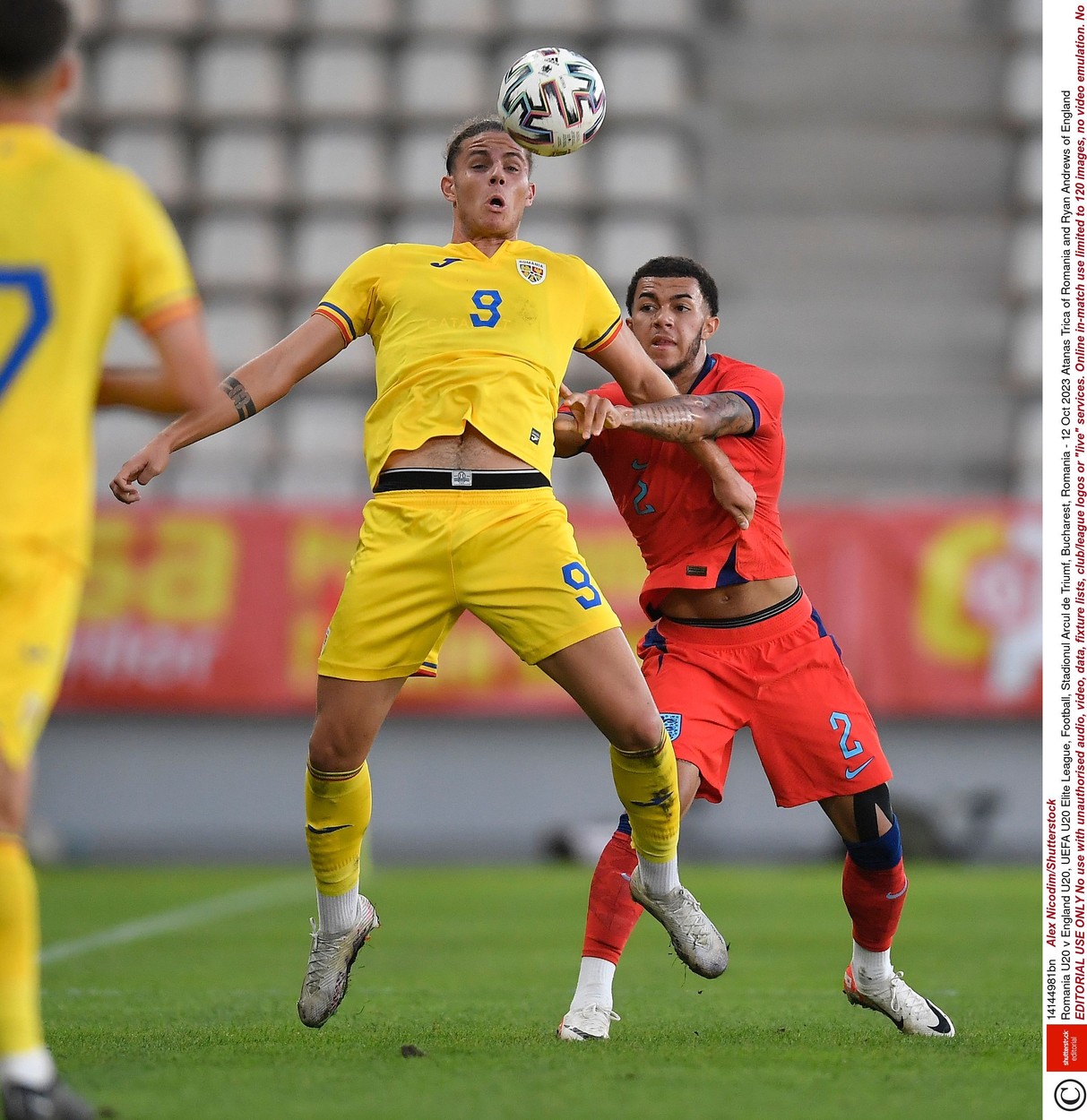 Atanas Trica of Romania and Ryan Andrews of England
Romania U20 v England U20, UEFA U20 Elite League, Football, Stadionul Arcul de Triumf, Bucharest, Romania - 12 Oct 2023,Image: 813216819, License: Rights-managed, Restrictions: EDITORIAL USE ONLY No use with unauthorised audio, video, data, fixture lists, club/league logos or 
