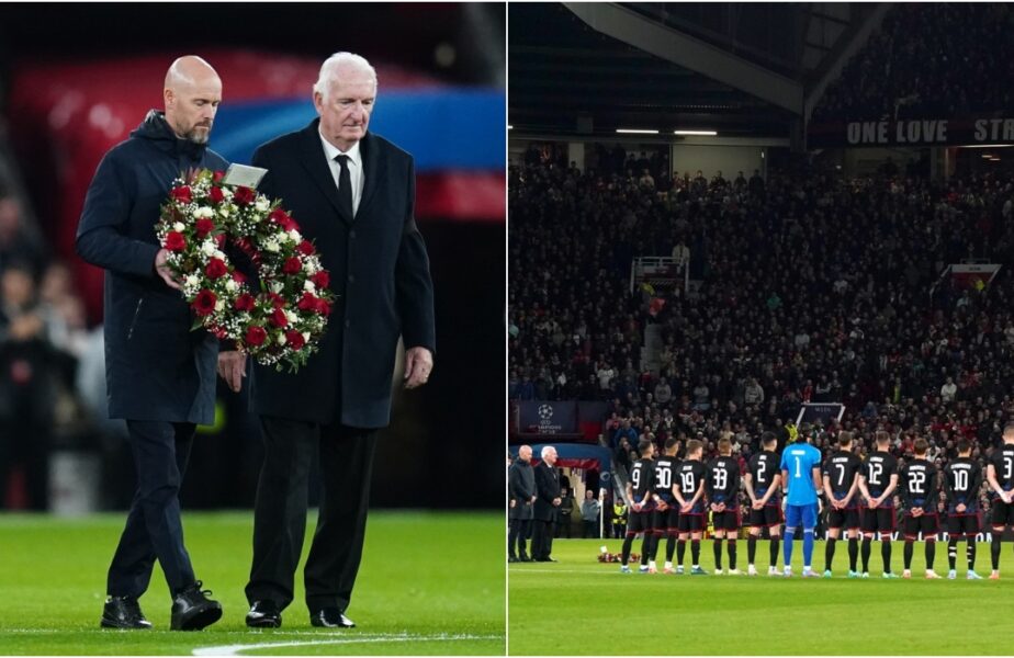 Momente copleşitoare pe Old Trafford în memoria lui Sir Bobby Charlton. Erik Ten Hag a dus o coroană la centrul terenului
